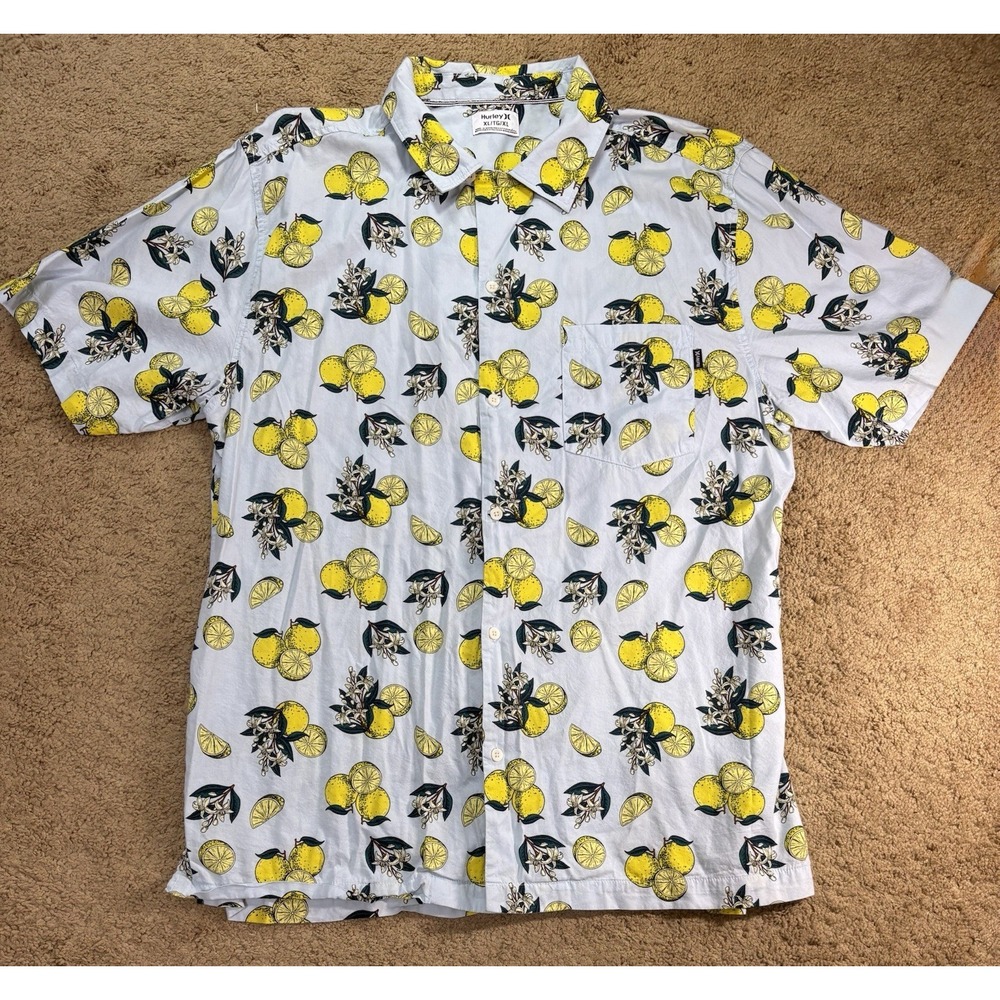Hurley Lemon Print Casual Button Down Shirt Men XL Hawaiian Surf Travel